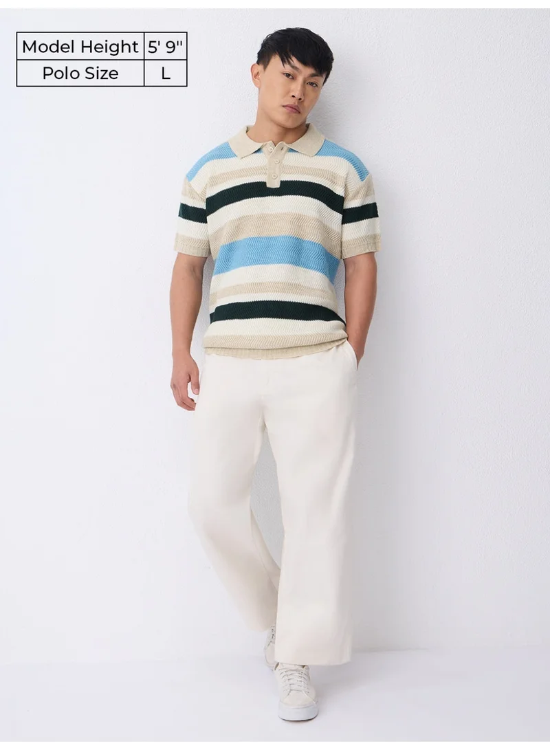 The Souled Store The Souled Store Everyday Polo: Seaweed Men and Boys Short Sleeve Spread Collar Beige Dark Green and Light Blue Jacquard Knit Pattern Acrylic Relaxed Fit Textured Fabric Polo Shirts