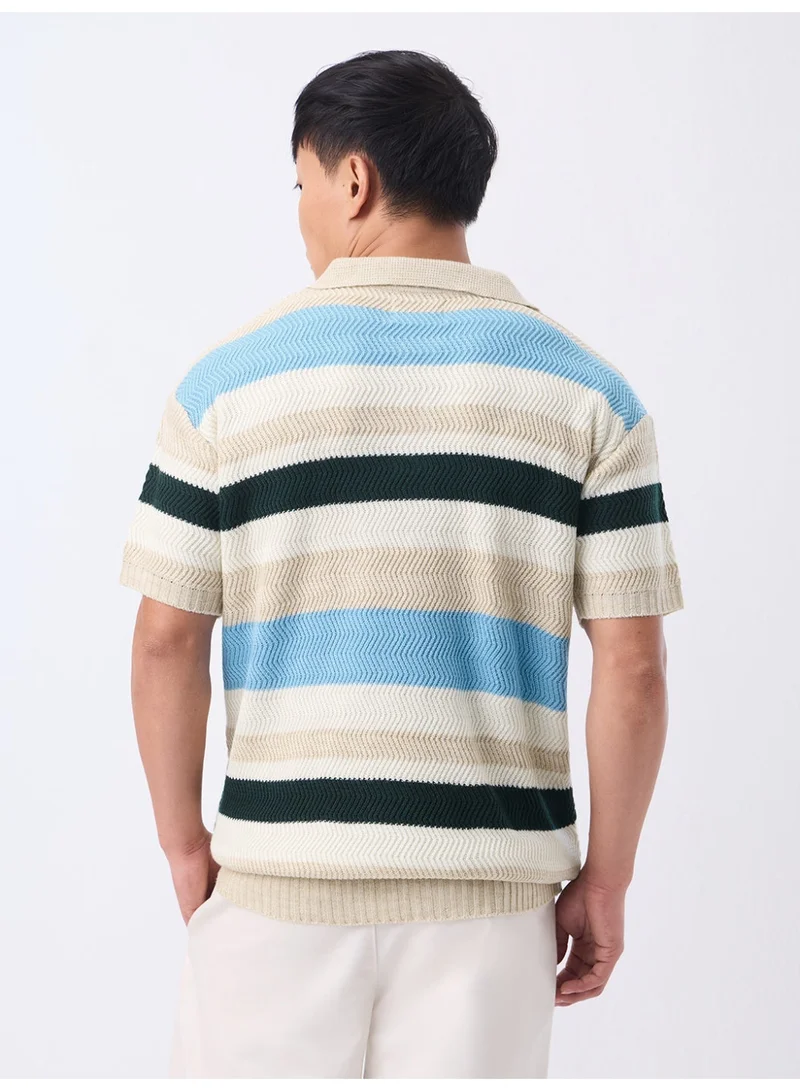 The Souled Store The Souled Store Everyday Polo: Seaweed Men and Boys Short Sleeve Spread Collar Beige Dark Green and Light Blue Jacquard Knit Pattern Acrylic Relaxed Fit Textured Fabric Polo Shirts