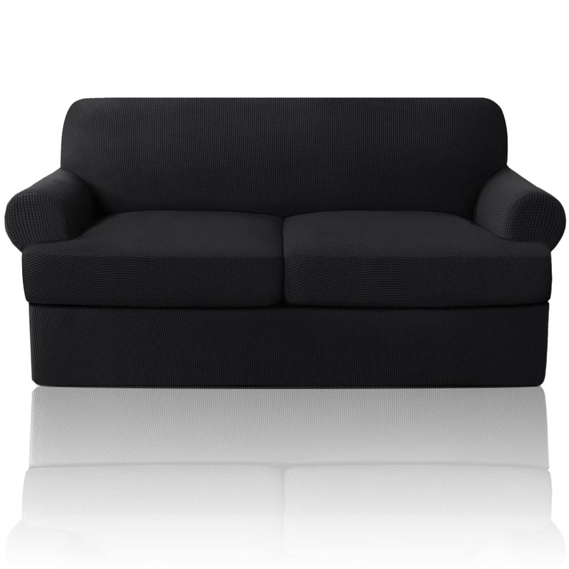 غطاء أريكة PrinceDeco T Cushion مكون من 3 قطع لأريكة T Cushion أغطية أريكة قابلة للتمدد لأريكة ذات 2 وسادة مع 2 غطاء مقعد T فردي بعرض يصل إلى 72 قابل للغسل باللون الأسود