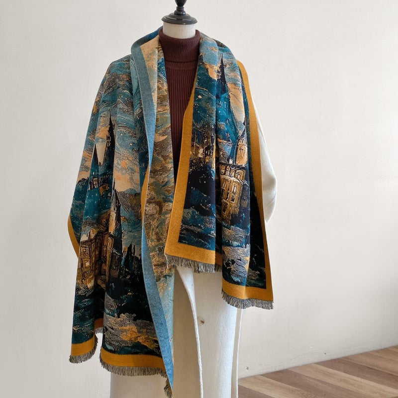 Korean Style High-Grade Scarf Castle Oil Painting Style Winter Versatile Retro Cashmere-Like Double-Sided Light Luxury Warm Scarf - Image 2