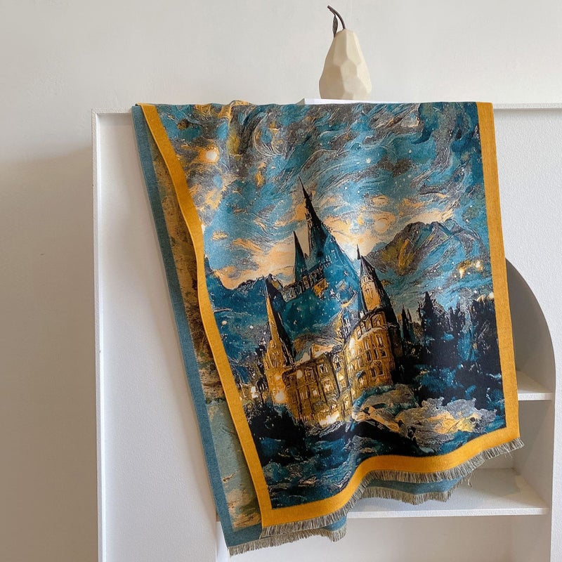 Korean Style High-Grade Scarf Castle Oil Painting Style Winter Versatile Retro Cashmere-Like Double-Sided Light Luxury Warm Scarf - Image 1