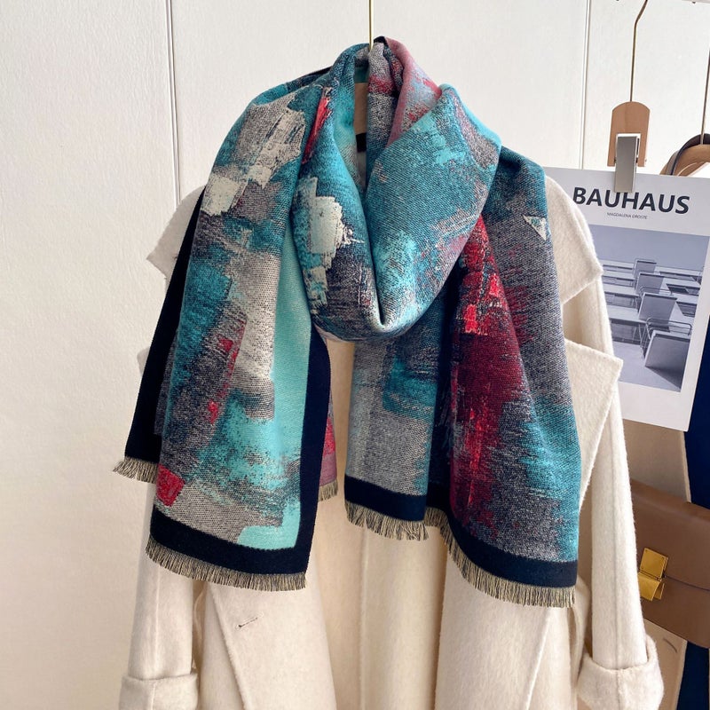 Korean Style High-Grade Scarf Castle Oil Painting Style Winter Versatile Retro Cashmere-Like Double-Sided Light Luxury Warm Scarf - Image 5