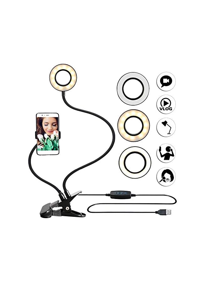 Zaboon Phone Holder Metal Desktop Stand With Selfie Ring Light Fill Light, Black - Image 1