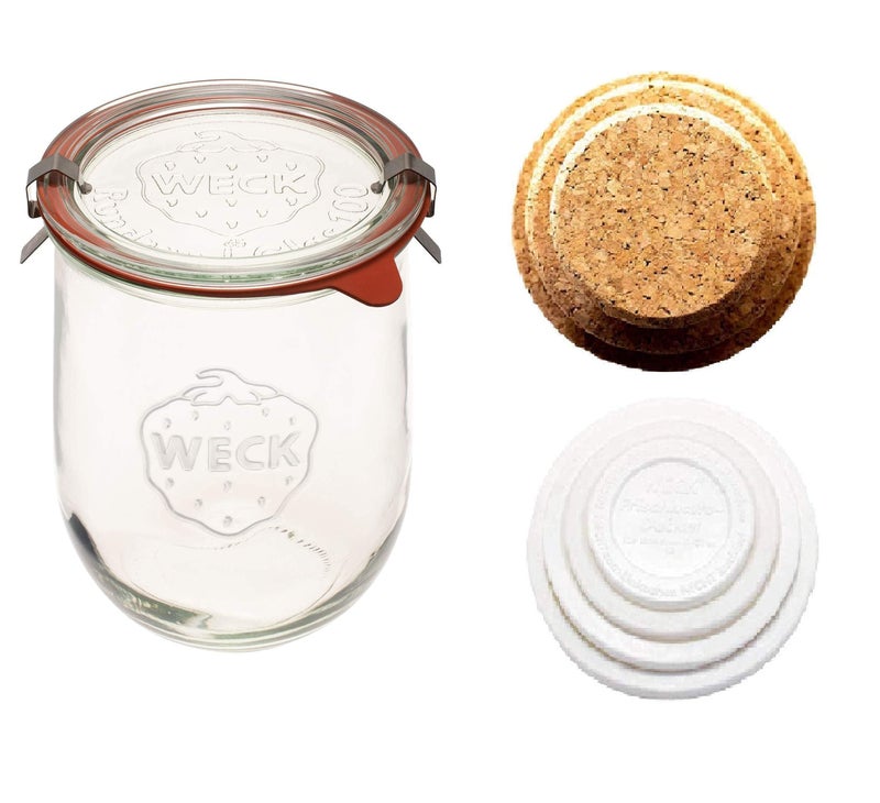 WECK - Sour Dough Starter Jars - Classic Glass Jars for Sourdough with Glass Lid - Tulip Jar with Wide Mouth 1 Liter Includes Cork Lid & Keep Fresh Cover (2 Pack) - Image 1