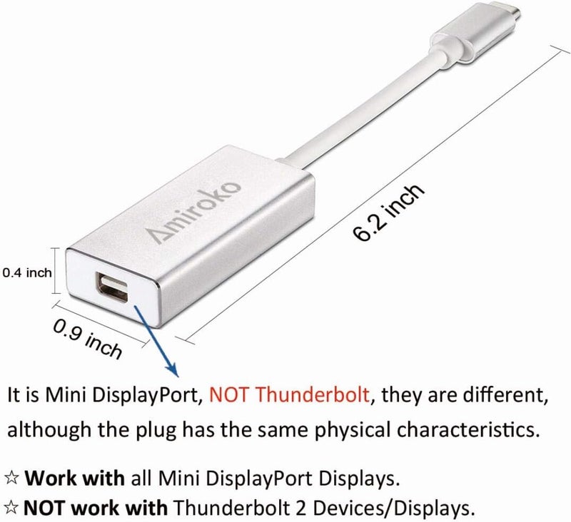 Amiroko USB-C to Mini DisplayPort Adapter, USB 3.1 Type C to Mini DP Adapter Support 4K, 1080P Compatible with MacBook Pro, MacBook 12", Alienware, to LED Cinema Display/Dell Monitor etc, Silver - Image 3