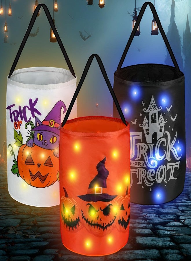 ATFUNSHOP Halloween Trick or Treat Bags with LED Lights - 3 PCS13x10 Inch Glow in the Dark Buckets for Kids - Image 1