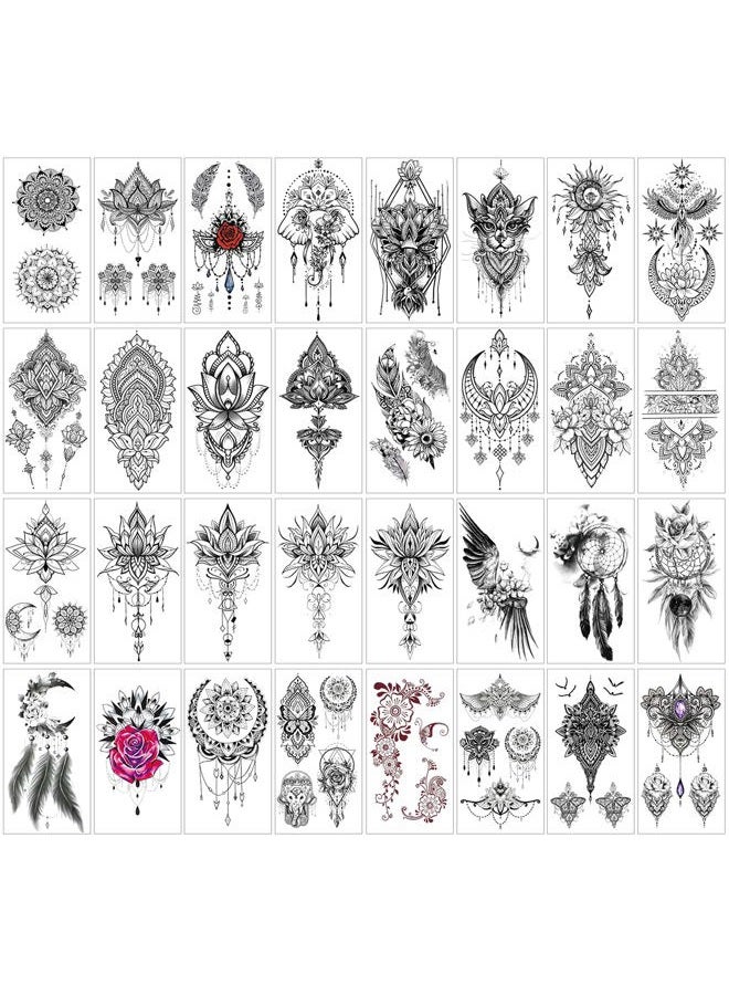 Anrituo 32Sheets Women Temporary Tattoo Sticker,Henna Feather Mandala Datura Flowers Temp Tattoos For Women - Image 1