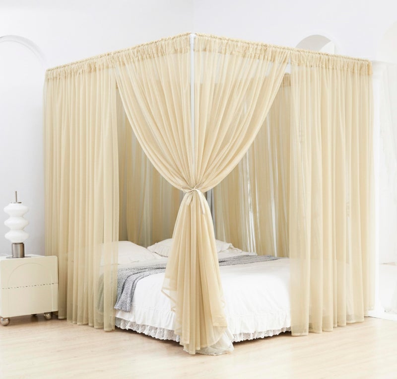 Akiky Canopy Bed Curtains 8 Panel Bed Curtains Drapes for Full Queen Size Bed Sheer Canopy Bed Drapes with Lights(Khaki) - Image 1