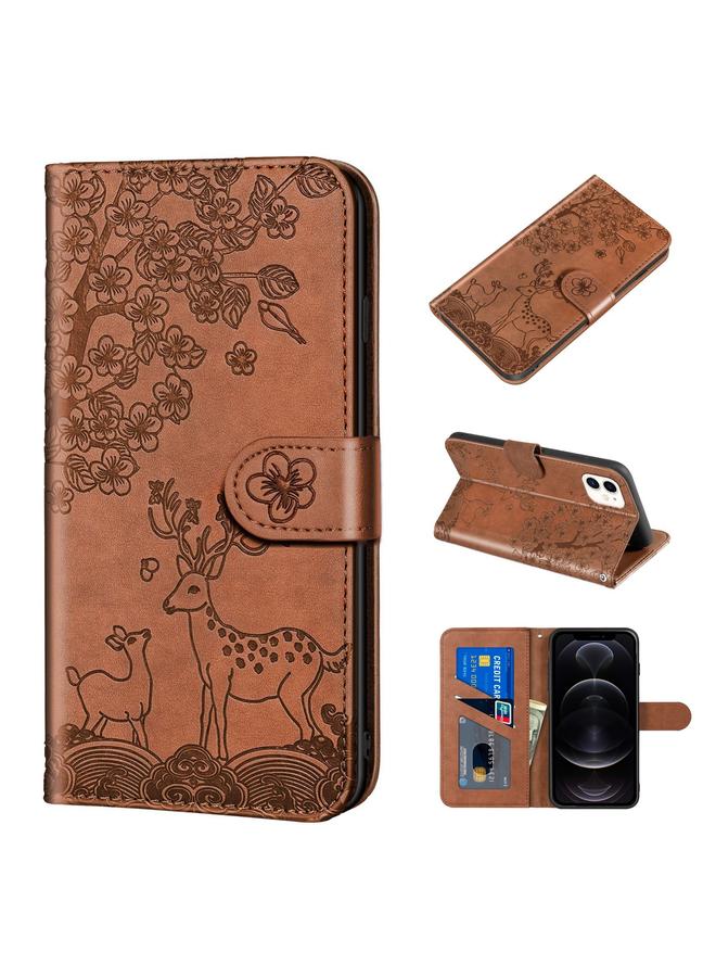 زبون جراب لهاتف iPhone 12 / 12 Pro من جلد البولي يوريثان بنقش غزال سيكا مع حامل وفتحة بطاقة ومحفظة وإطار صورة - Image 1