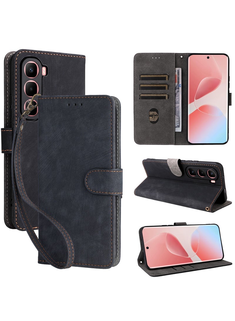 For Infinix Hot 60 Pro Plus Flip Cover with Detachable Lanyard, PU Leather Full Body Protection Shockproof Flip Mobile Phone Case, RFID Anti-theft Brush Folio Wallet Case - Image 1