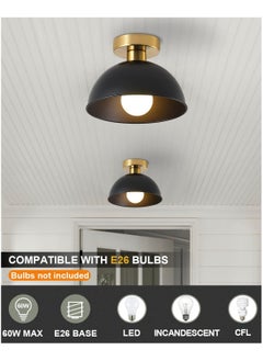 ERENYEA Industrial Semi Flush Mount Ceiling Light with Gold Plate and Matte Black Shade, Farmhouse Ceiling Light Fixture for Kitchen Island Dining Room Foyer Hallway Porch Barn Loft Black  - Image 2