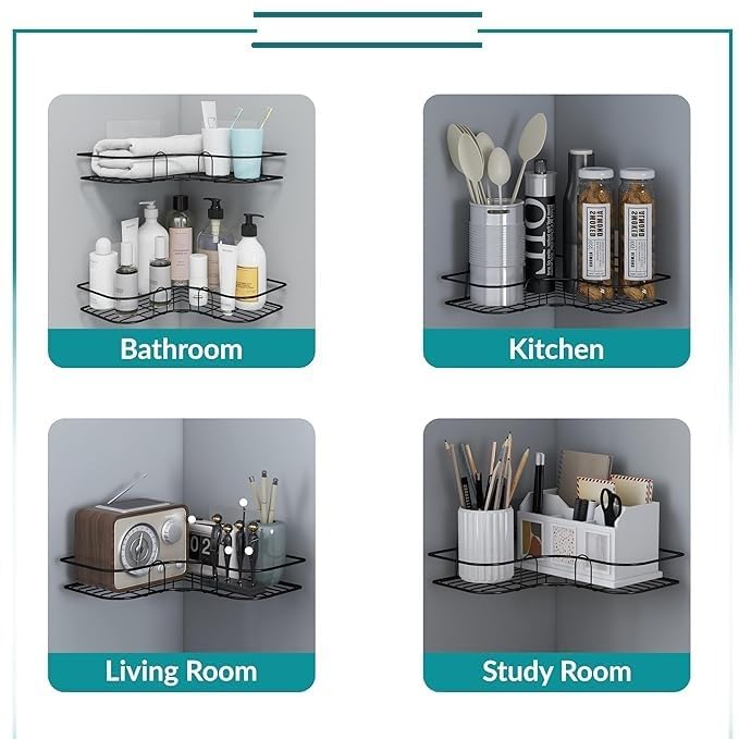 NARIYA Self-Adhesive Corner Shelf for Bathroom & Kitchen | No-Drill Wall Mounted Storage Rack | Rust-Proof GI Metal Organizer with Magic Stickers | Multipurpose Shelf – Pack of 2 (Black) - Image 3