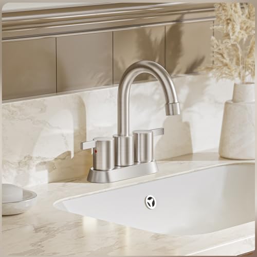 Phiestina Brushed Nickel 4 Inch 2 Handle Centerset Lead-Free Bathroom Sink Faucet, with Copper Pop Up Drain and Water Supply Lines,BF015-1-BN - Image 2