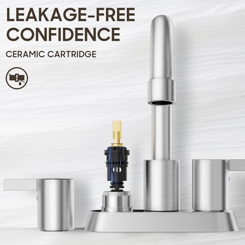 Phiestina Brushed Nickel 4 Inch 2 Handle Centerset Lead-Free Bathroom Sink Faucet, with Copper Pop Up Drain and Water Supply Lines,BF015-1-BN - Image 4
