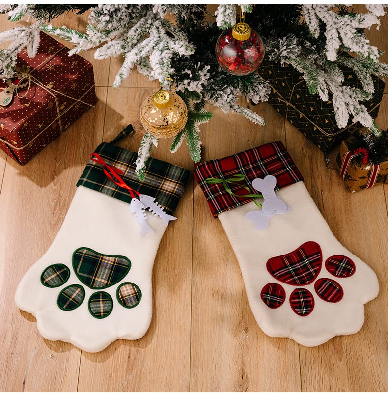 Sherrydc Cat Paw Christmas Stockings  Plush & Plaid Hanging Socks For Holiday And Christmas Decorations - Image 3