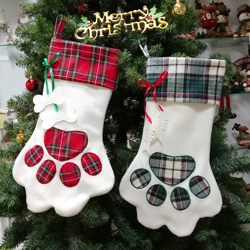 Sherrydc Cat Paw Christmas Stockings  Plush & Plaid Hanging Socks For Holiday And Christmas Decorations - Image 2