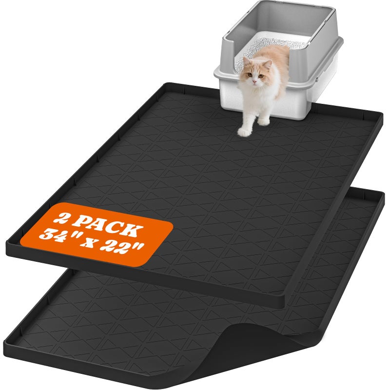 Pawtners Cat Litter Mat, Large 34" x 22" Litter Box Mat, 2 Packs Cat Litter Box Mat, Non-Slip Kitty Litter Mat for Floor, Easy to Clean, Waterproof & Urine-Proof Cat Litter Mat Litter Trapping Mat, Black - Image 1