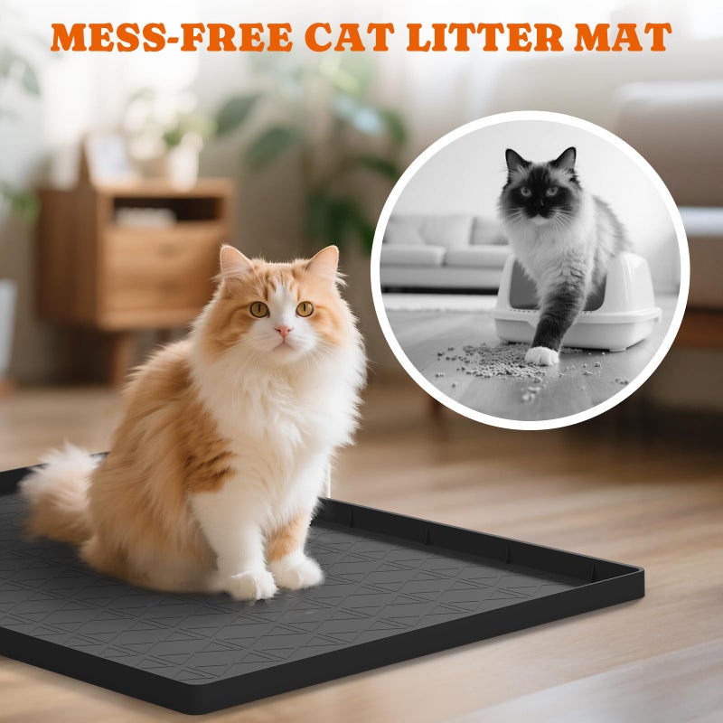 Pawtners Cat Litter Mat, Large 34" x 22" Litter Box Mat, 2 Packs Cat Litter Box Mat, Non-Slip Kitty Litter Mat for Floor, Easy to Clean, Waterproof & Urine-Proof Cat Litter Mat Litter Trapping Mat, Black - Image 2