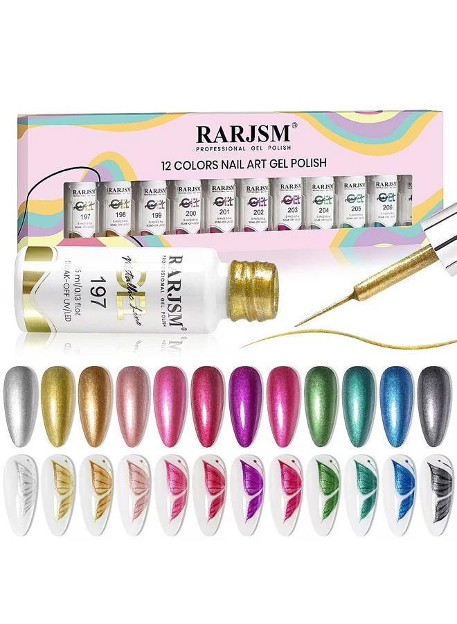 RARJSM Metallic Nail Art Gel Liner Black Silver Rose Gold Blue Green Red Glitter Painted Gel Nail Polish Set Soak Off 12 Colors 5ml UV LED Curing Require for DIY at Home Nail Salon Manicure Design - Image 1