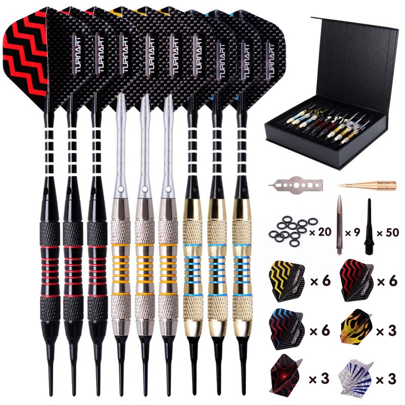 Turnart Darts Plastic Tip - Professional Soft Tip Darts Set for Electronic Dartboard 9 Pcs 18 Grams with 50 Extra Tips 9 Shafts 27 Flights Tool Kit Flight Protectors and Gift Darts Case (Gold) - Image 1