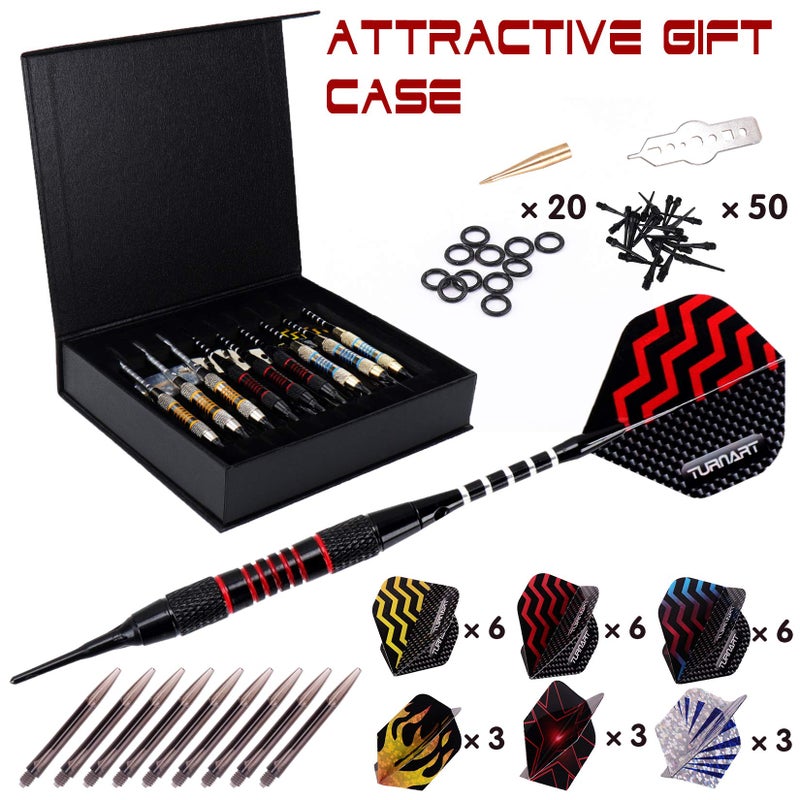Turnart Darts Plastic Tip - Professional Soft Tip Darts Set for Electronic Dartboard 9 Pcs 18 Grams with 50 Extra Tips 9 Shafts 27 Flights Tool Kit Flight Protectors and Gift Darts Case (Gold) - Image 2