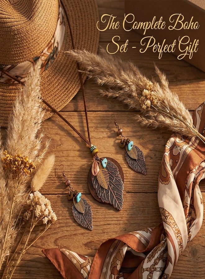 Bmpzery Boho Jewelry Set for Women - Western Vintage Pendant Necklace & Dangle Earrings - Retro Ethnic Geometric Statement Accessories for Festival Vacation - Image 5