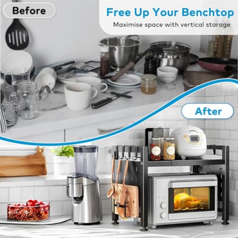 Microwave Oven Rack, Expandable Microwave Toaster Shelf 2-Tier,Stainless Steel, Silver, Space-Saving Adjustable Design for Countertop Use - Image 3