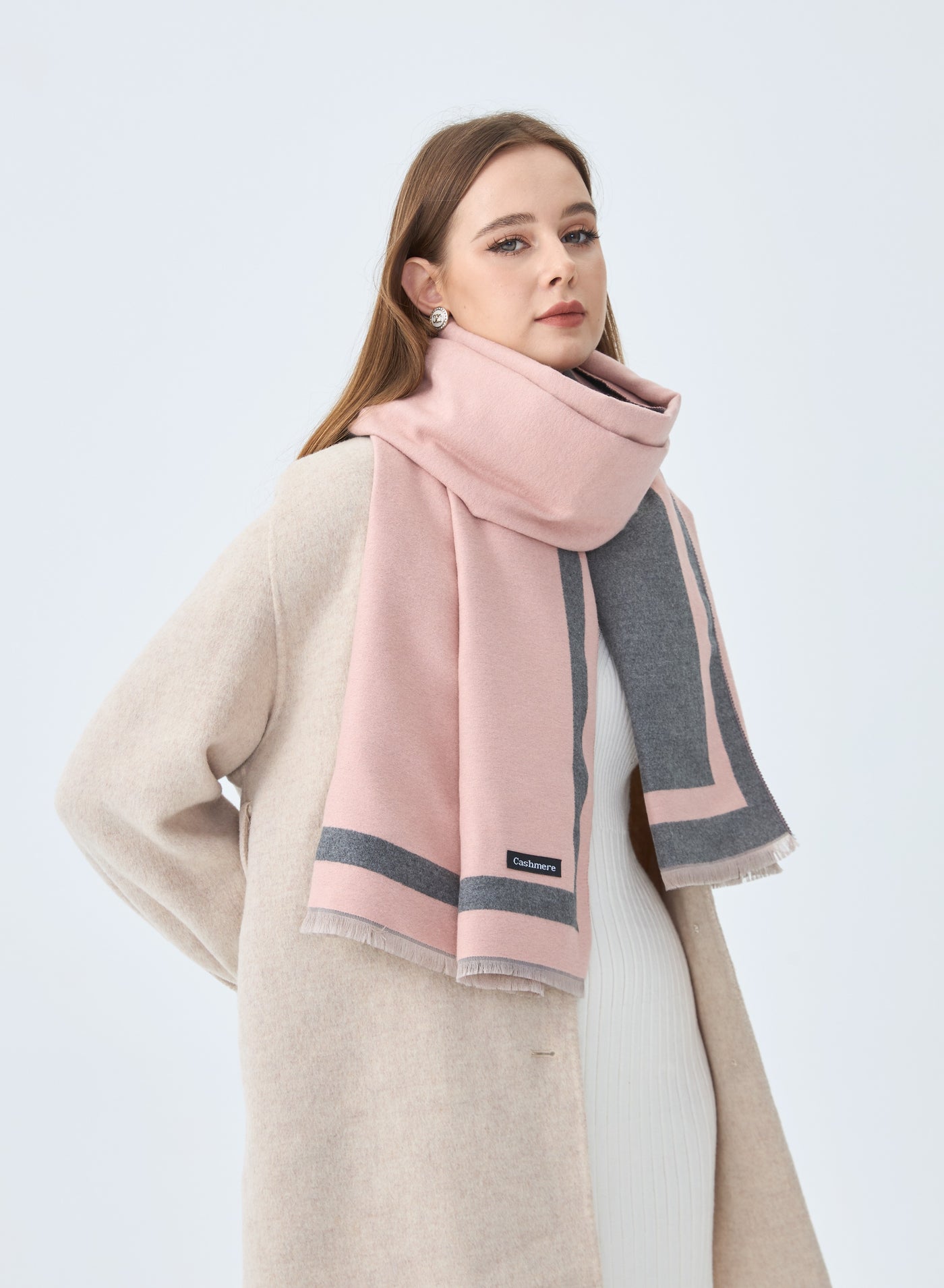 Sky Cashmere Reversible Scarf Cashmere Wool Pink and Grey with Border Line for Women