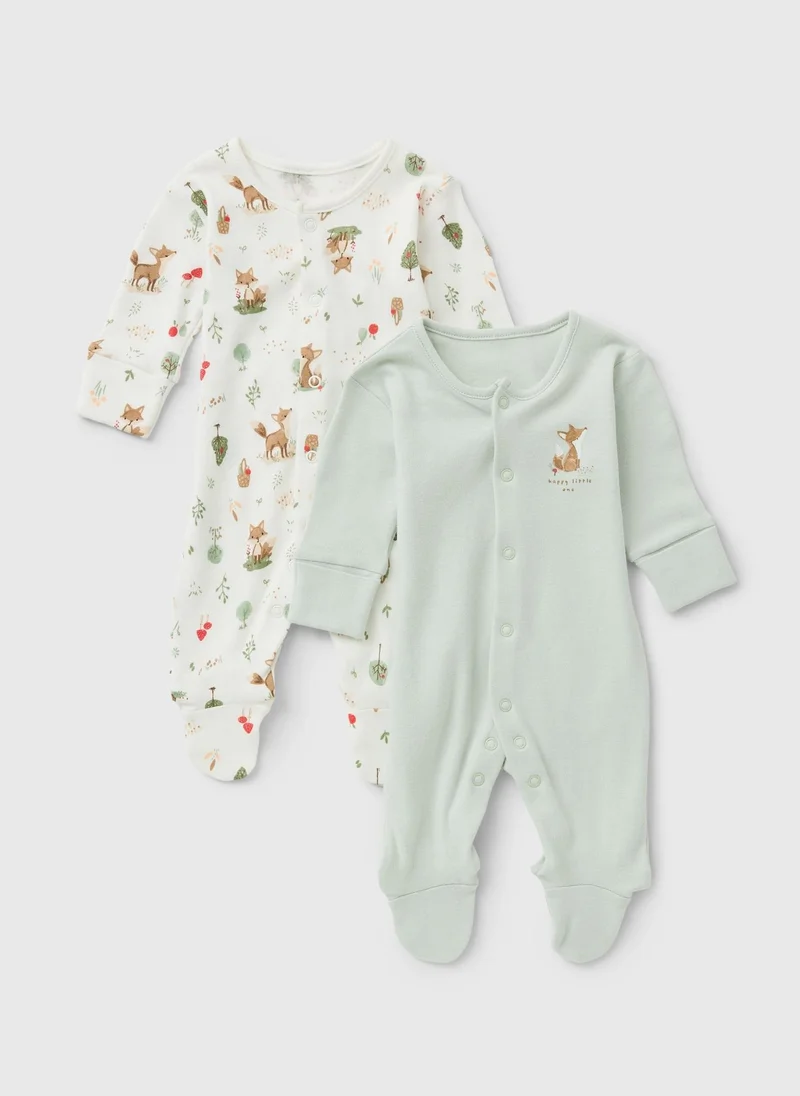 Matalan 2 Pack Baby Green Fox Sleepsuits
