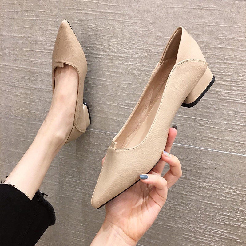 Soft Leather Thick Heel High Heels Low Heel 3Cm Professional All-Match Work Shoes Pointed Shallow Mouth Temperament Single Shoes Autumn 2024 - Image 3