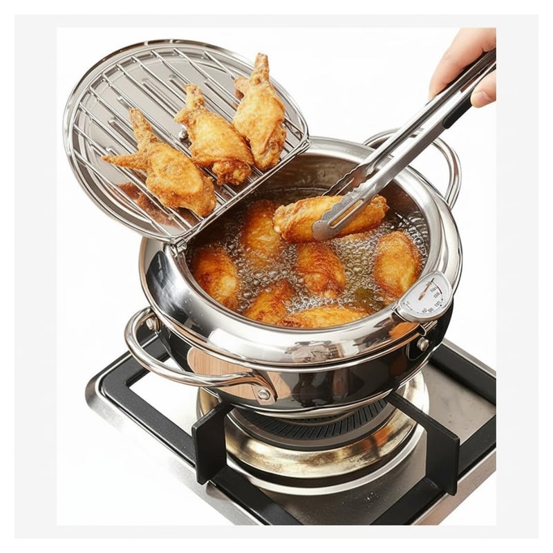 Stainless Steel Deep Fryer Pot with Thermometer, Lid & Oil Drainer Rack - Compact 2.2L Frying Pan for French Fries, Shrimp, Chicken Wings & More - Image 1
