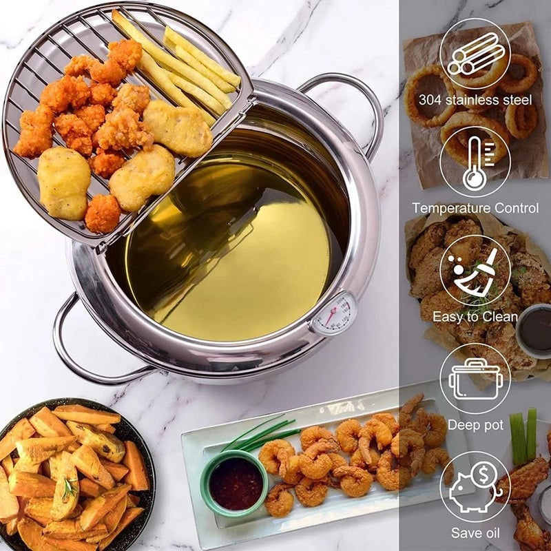 Stainless Steel Deep Fryer Pot with Thermometer, Lid & Oil Drainer Rack - Compact 2.2L Frying Pan for French Fries, Shrimp, Chicken Wings & More - Image 2