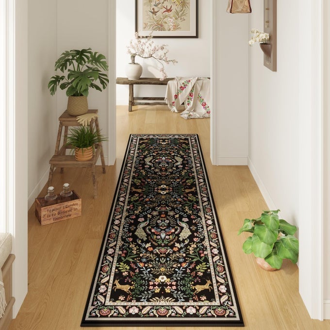 RUNNER RUG WASHABLE KITCHEN RUNNER 2X6 RUG FLORAL NONSLIP FOR ENTRYWAY INDOOR SOFT CARPET FOR HALLWAYS KITCHEN LAUNDRY BEDROOM BATHROOM VIBRANT BLACK