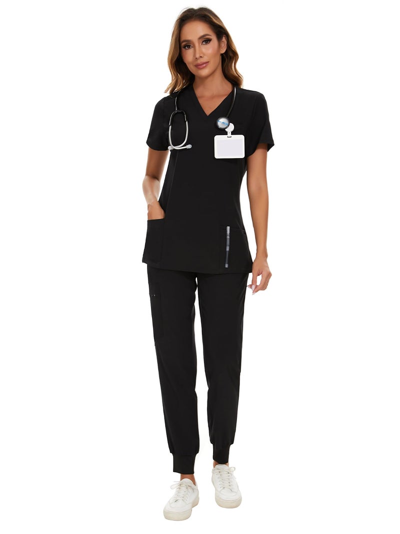 COZYFIT Scrubs for Women Set - Stretch V-Neck Scrub Top & Jogger Pant with 8 Pockets, Yoga Waistband, Anti Wrinkle, Slim Fit Women Scrubs - Black, L, Tall - Image 1