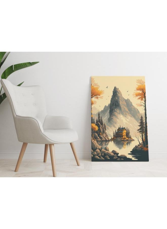 Home Gallery Painting cabin by lake with mountain background Printed canvas wall art  - Image 1