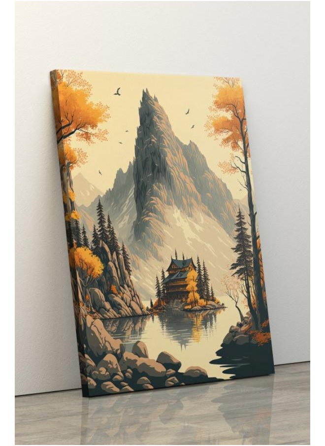 Home Gallery Painting cabin by lake with mountain background Printed canvas wall art  - Image 3