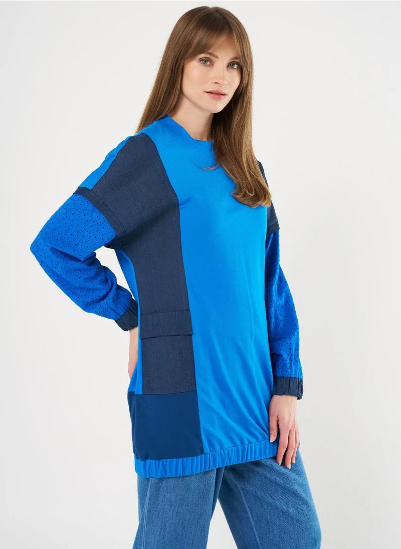 Kayra Embroidered Detailing Patch Pocket Sweatshirt in Cobalt Blue