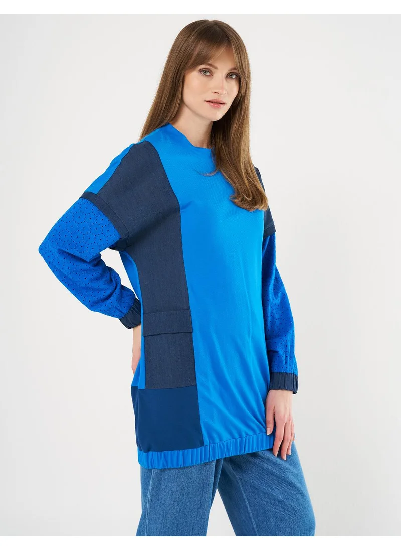 Kayra Embroidered Detailing Patch Pocket Sweatshirt in Cobalt Blue