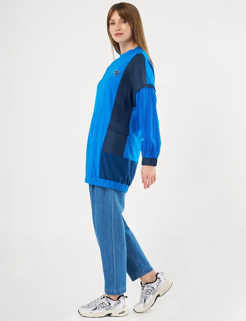 Kayra Embroidered Detailing Patch Pocket Sweatshirt in Cobalt Blue