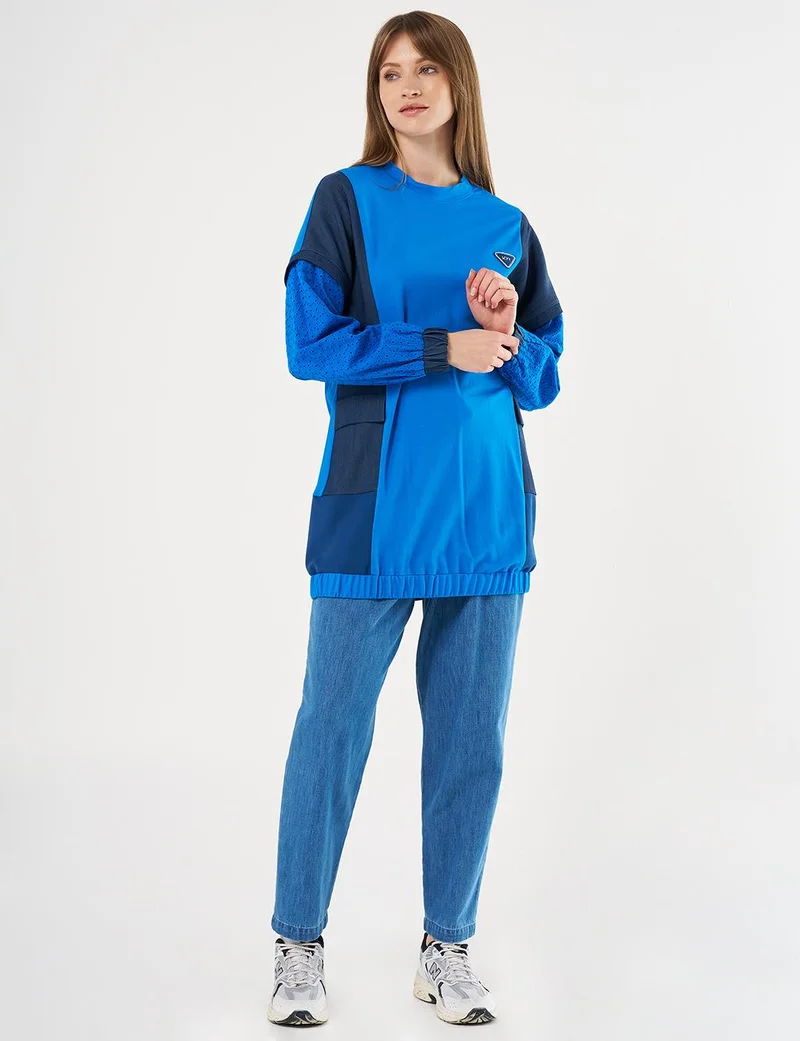 Kayra Embroidered Detailing Patch Pocket Sweatshirt in Cobalt Blue