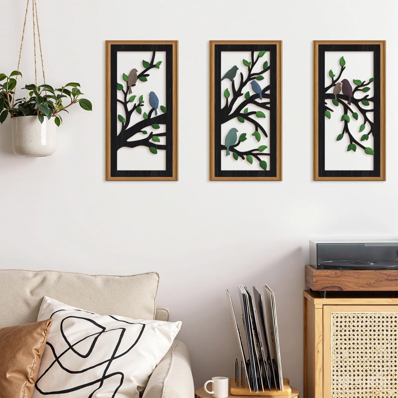 Ausril 3 Pcs Birds Tree Branch Wall Decor,Black Tree of Life Wall Art,Green Leaves with Bird Wall Art,Branch Birds Silhouette Artwork Sculpture,Black Tree Sign Wood Framed for Home Living Room Bedroom - Image 2