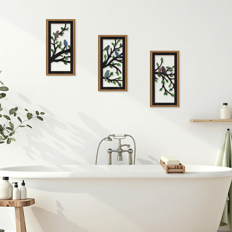 Ausril 3 Pcs Birds Tree Branch Wall Decor,Black Tree of Life Wall Art,Green Leaves with Bird Wall Art,Branch Birds Silhouette Artwork Sculpture,Black Tree Sign Wood Framed for Home Living Room Bedroom - Image 5