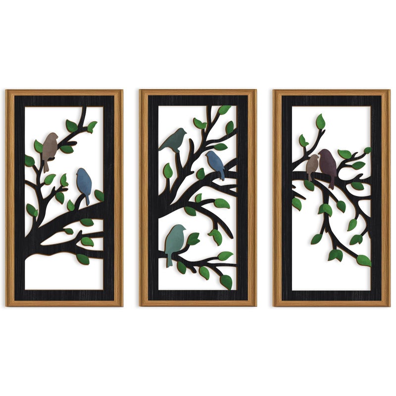 Ausril 3 Pcs Birds Tree Branch Wall Decor,Black Tree of Life Wall Art,Green Leaves with Bird Wall Art,Branch Birds Silhouette Artwork Sculpture,Black Tree Sign Wood Framed for Home Living Room Bedroom - Image 1