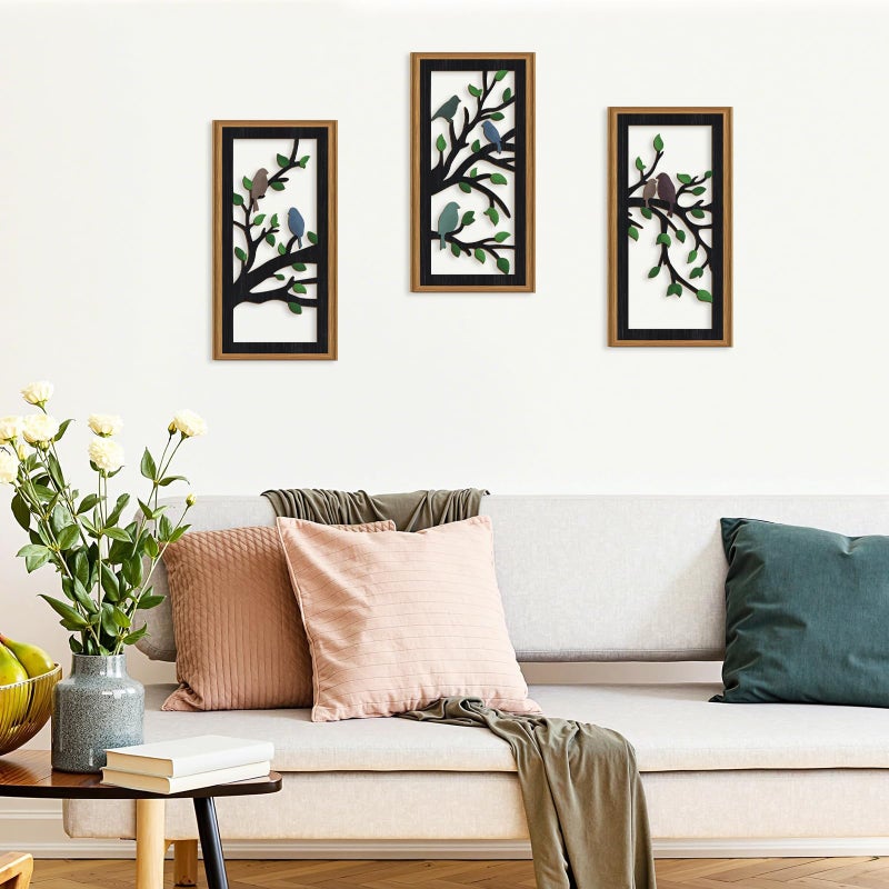 Ausril 3 Pcs Birds Tree Branch Wall Decor,Black Tree of Life Wall Art,Green Leaves with Bird Wall Art,Branch Birds Silhouette Artwork Sculpture,Black Tree Sign Wood Framed for Home Living Room Bedroom - Image 3