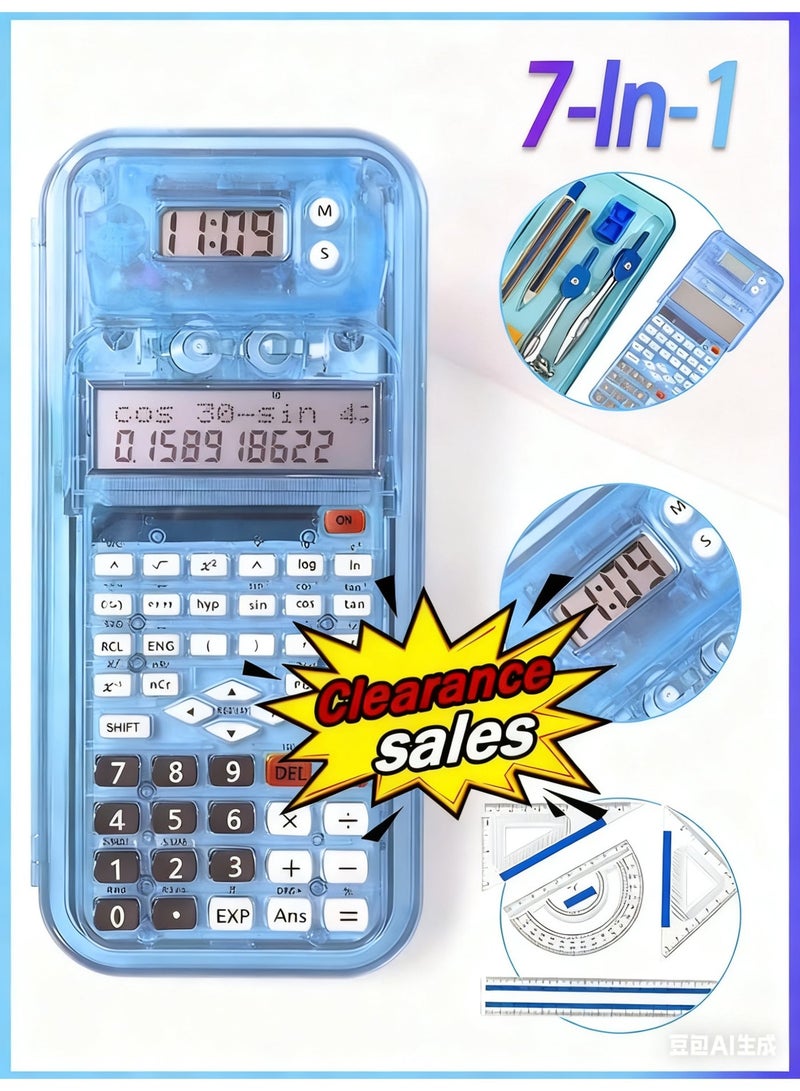CTIFREE 82MS Scientific Calculator 7-in-1 Student Math Set, 240 Functions, 10+2 Digit Display, Advanced Scientific Calculator with Clock + Removable Pencil Case + Compass/Ruler/Pencil | Light Blue Transparent Storage | Complete School Exam Study Kit - Blue - Image 1