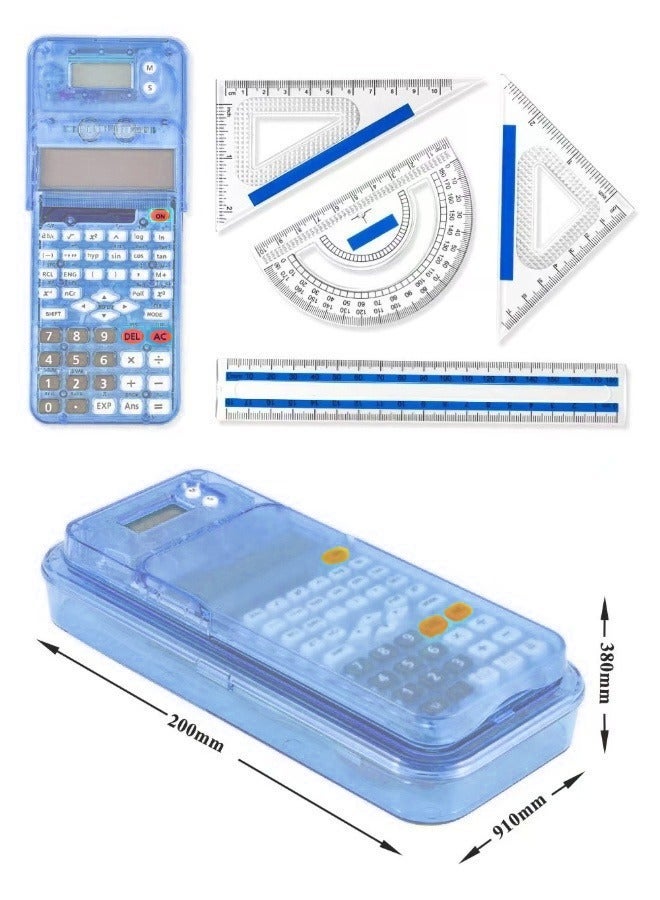 CTIFREE 82MS Scientific Calculator 7-in-1 Student Math Set, 240 Functions, 10+2 Digit Display, Advanced Scientific Calculator with Clock + Removable Pencil Case + Compass/Ruler/Pencil | Light Blue Transparent Storage | Complete School Exam Study Kit - Blue - Image 3