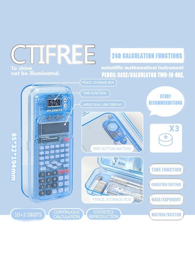 CTIFREE 82MS Scientific Calculator 7-in-1 Student Math Set, 240 Functions, 10+2 Digit Display, Advanced Scientific Calculator with Clock + Removable Pencil Case + Compass/Ruler/Pencil | Light Blue Transparent Storage | Complete School Exam Study Kit - Blue - Image 2