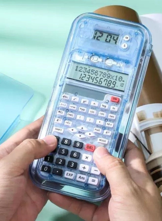 CTIFREE 82MS Scientific Calculator 7-in-1 Student Math Set, 240 Functions, 10+2 Digit Display, Advanced Scientific Calculator with Clock + Removable Pencil Case + Compass/Ruler/Pencil | Light Blue Transparent Storage | Complete School Exam Study Kit - Blue - Image 5