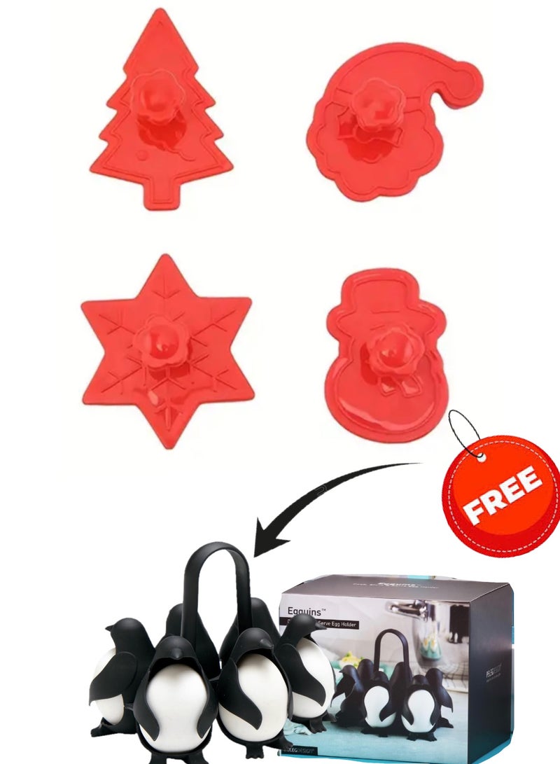 Christmas Magic 3D Cookie Cutters, Set of 4. Pressable Cutter Shapes with Santa Claus, Snowflake, Snowman and Christmas Tree, Plastic Baking Supplies for Fondant, Pastry. (Red) - Image 1