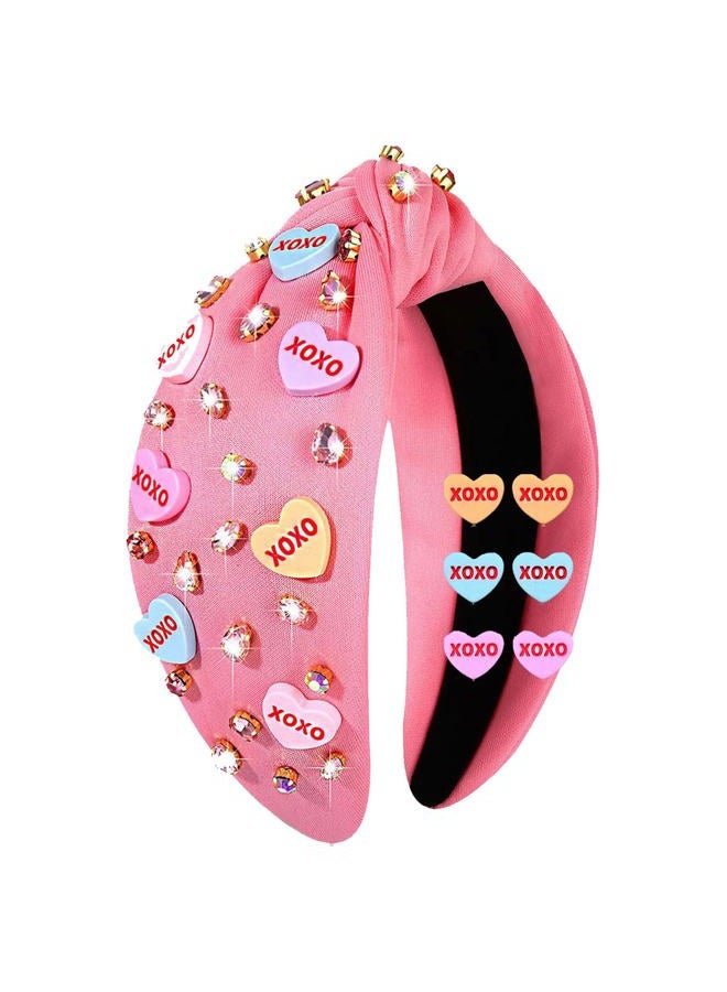 PHALIN Valentine's Day Headband for Women Love XOXO Heart Headbands Jeweled Conversation Heart Knotted Headband Pink Red Rhinestone Crystal Top Knot Headband Valentine's Day Accessories Gifts (Pink Set 2) - Image 1